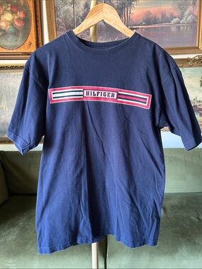 Vintage Tommy Hilfiger Navy Tee with Red & White Chest Stripe Logo